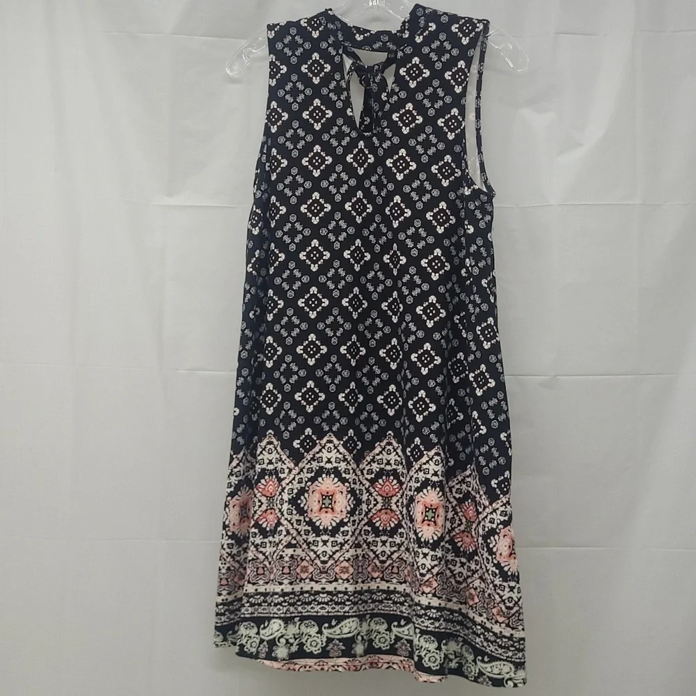 Midi Sundress Black White Pastel Peach Geometric Print w Tie V Neck Keyhole EUC
